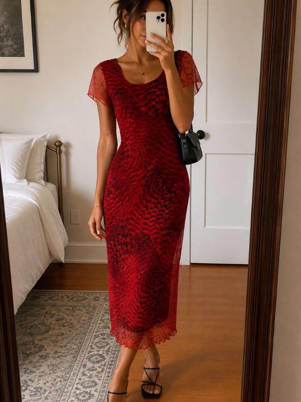 Vintage Y2K Red Black Abstract Mesh Midi Dress Size L